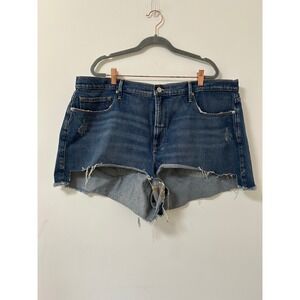 Good American High Waisted Distressed Denim Shorts Medium Wash Raw Hem Size 16
